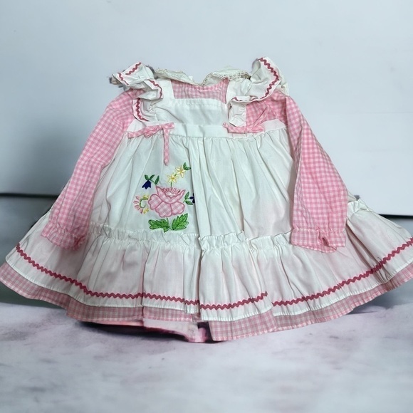 Vintage Smocked Embroidered Dress 12 mos Floral Pink Gingham Long Sleeve - Picture 1 of 8